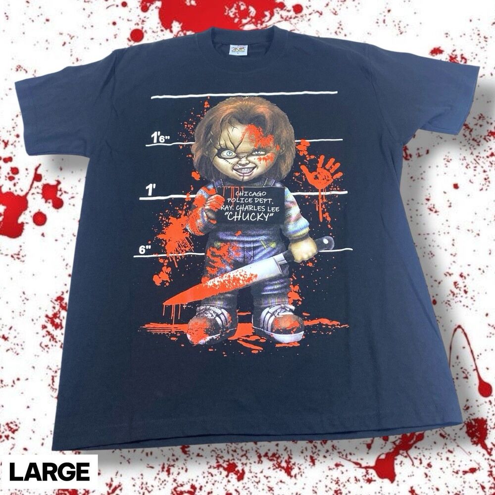 Vintage Y2K Chucky T Shirt Mens LRG Black Graphic Tee Horror Movie Double Sided